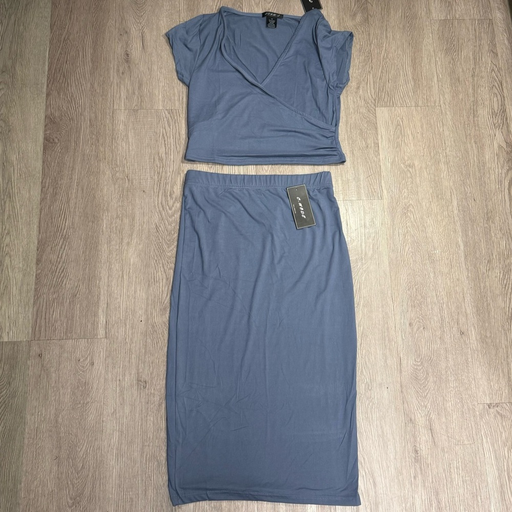 New Women Baby Blue Two Piece Blouse & Maxi Skirt Set S, M, L Set